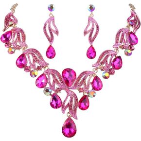 BriLove Women's Bohemian Boho Bridal Crystal Flower Teardrop Enamel Statement Necklace Dangle Earrings Set