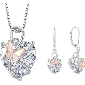 Oskani Butterfly Heart Necklaces and Earrings Jewelry Set for Women, 925 Sterling Silver Cubic Zirc for Women, 925 Sterling Silver Cubic Zirconia Birthstone Pandent, Anniversary Birthday Gifts for Her