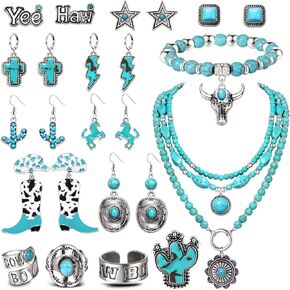 Turquoise Earrings Necklace Bracelet Rings Jewelry for Women Western Cowgirl Star Cross Lightning Bolt Earrings Rodeo Cowboy Rodeo Boot Hat Horse Studs Boho Chunky Statement Turquoise Beads Layered Choker Necklaces Bracelet Vintage Silver Knuckle Joint Fi