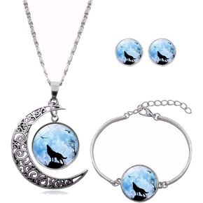 Hollow Crescent Moon Wolf Necklace Pendant Stud Earrings Vintage Time Gemstone New Moon Charm Bracelets for Women Girls Trendy Christmas Jewelry Set