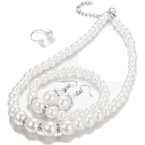 4 Pcs Pearl Jewelry Set 1920s Costume Jewelry Pearl Necklaces Pearl Hoop Earring Pearl Bracelet Pearl Ring for Women Girls Wedding Jewelry Sets