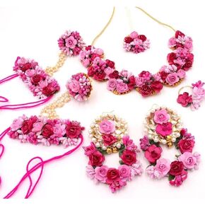 Paru Fabrics Artificial Flower Jewellery Set for Haldi Baby Shower, Mehndi Godbharai Gota Patti Necklace Set With Maang/Tikka/Earrings/Bangles/Finger Ring, Haldi, Fashion Jewellery Pink