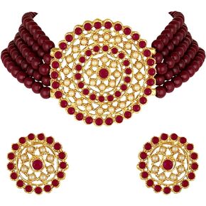مجموعة قلادة مطرزة هندية خفيفة الوزن ومطلية بالذهب عيار 18 قيراط من I Jewels مع عمل موتي