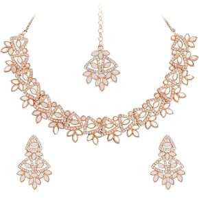 Shining Jewel Gold Plated Kundan, AD, Crystal, CZ Design Necklace Combo Jewellery Set with Maang Tikka and Earrings for Women (SJN_184_PP)