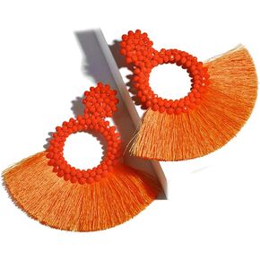 Long Tassel Earrings Statement Bohemian Pom Ball Handmade Drop Dangle Earrings for Women Girls