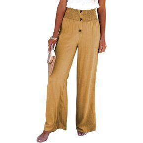 utcoco Womens Casual Cotton Linen High Waist Button Wide Leg Palazzo Pants