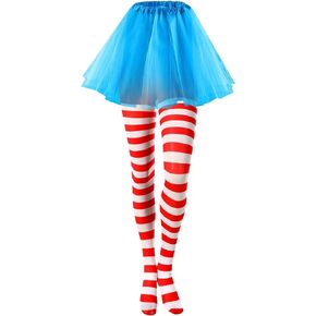 Lasnten 2 Pcs Dr. Seussday Costume Set for Women Striped Leggings, Clown Tulle Tutus for Mardi Gras