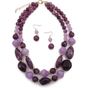 Ufraky 2 Layer Chunky Strand Statement Necklace Earrings Set for Women Girls Jewelry Gift