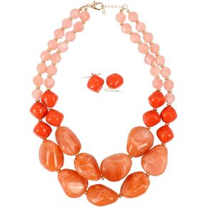 Ufraky 2 Layer Chunky Strand Statement Necklace Earrings Set for Women Girls Jewelry Gift