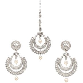 Bollywood Fashion Faux Pearl Drop Forehead Maang Tikka With Indian Earrings For Women
