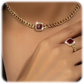 YERTTER Dainty Rhinestone Enamel Necklace Bracelet Rings Set Chunky Chain Collar Choker Necklace Set for Women