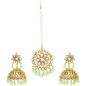 Traditional Indian Gold Plated Traditional Kundan, Pearls, Polki, Big Jhumka Earring and Maang Tikka Combo Set for Women (SJE_01 PP)