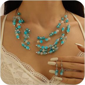 Statement Necklace for Women, Layered Chunky Beaded Crystal Pearl Necklaces Colorful Multi-Layer Strand Necklace and Earrings Set Bridal Jewelry Set for Wedding Prom Jewelry Sets
