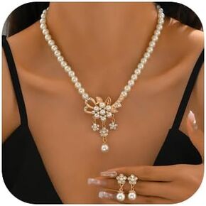 Girlssory Elegant Brides Crystal Pearl Choker Necklace Pearl Drop Dangle Earring Flower Pendant Choker Wedding Jewelry Set for Bridesmaid Prom Costume Jewelry Set for Women and Girls