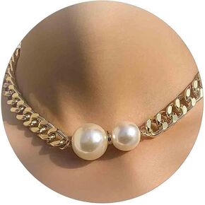 Chunky Pearl Necklace Gold Cuban Link Thick Chain Necklaces Gold Chunku Necklaces for Women Heavy Punk Jewelry for Women and Girls