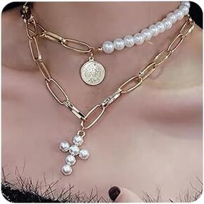 Anglacesmade Bohemia Layered Choker Necklace Pearl Cross Necklace Coin Neckalce Gold Disc Coin Pearl Cross Charm Pendant Necklace for Women and Girls