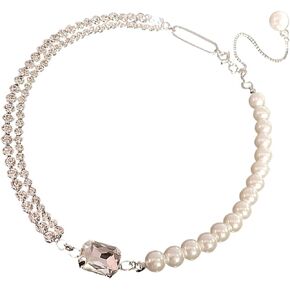Octwine Boho 2 Tier Dainty Rhinestones Pearls Chunky Short Choker Necklace Chain Multilayer Choker Pendant Necklaces Prom Party for Women and Girls