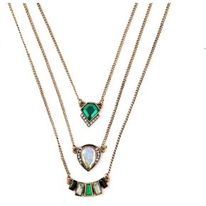 Layered Necklace, Geometric Created Emerald Multilayer Necklace Gold Plated Vintage Multilayer Necklace 3 Layer Baroque Layered Chain Necklaces Clavicle Chain for Women Girls