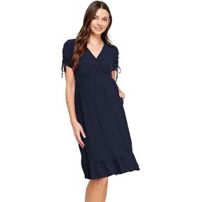 LaClef Womens V Neck Wrap Short Sleeve Drawstring Ruffle Hem Maternity Dress