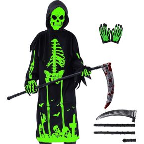زي Neragron Grim Reaper للأطفال، زي حاصد جمجمة مخيف مع منجل غريم ريبر وقفازات وقناع هيكل عظمي in Kuwait