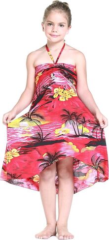 Girl Hawaiian Halter Dress in Red Sunset in Saudi Arabia