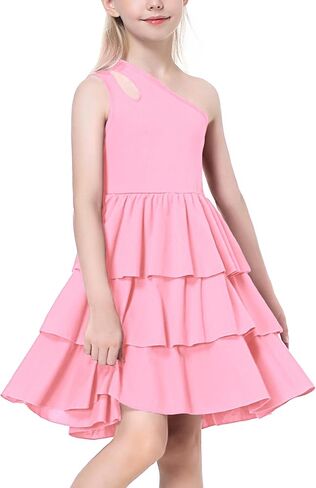 Girls Dresses One Shoulder Layered Cut Out Special Occasion Sleeveless A-Line Dress Party Birthday for Kids in Saudi Arabia