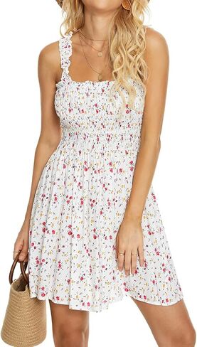 Timathous المرأة التستر التعادل الكتف هدب Smocked عالية الخصر فساتين صديرية دائرية شاطئ فستان قصير 6605 in Kuwait