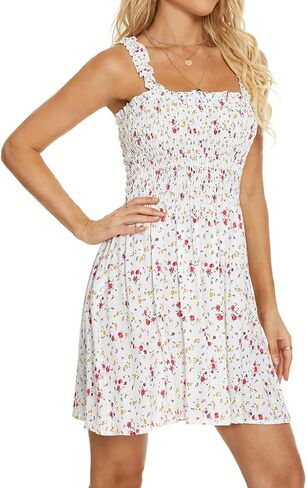 Timathous المرأة التستر التعادل الكتف هدب Smocked عالية الخصر فساتين صديرية دائرية شاطئ فستان قصير 6605 in Kuwait