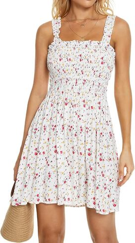 Timathous المرأة التستر التعادل الكتف هدب Smocked عالية الخصر فساتين صديرية دائرية شاطئ فستان قصير 6605 in Kuwait