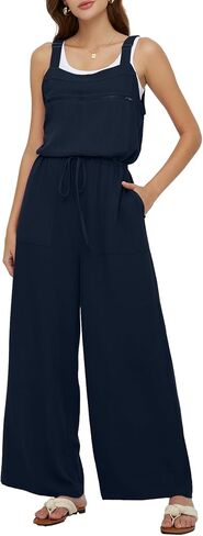 عميق SELF المرأة وزرة الصيف السببية فضفاضة أكمام بذلة قابل للتعديل الأشرطة واسعة الساق مريلة السراويل مع جيوب سستة in Kuwait