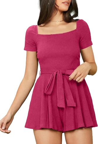 Happy Sailed Women Square Neck Ribbed Knit Wide Leg Rompers Summer Short Sleeve Belt One Piece Jumpsuit Short Romper in Saudi Arabia