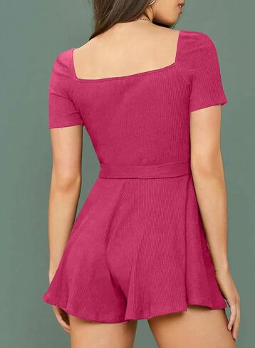 Happy Sailed Women Square Neck Ribbed Knit Wide Leg Rompers Summer Short Sleeve Belt One Piece Jumpsuit Short Romper in Saudi Arabia