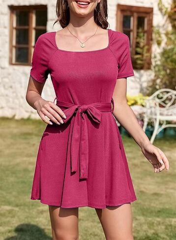 Happy Sailed Women Square Neck Ribbed Knit Wide Leg Rompers Summer Short Sleeve Belt One Piece Jumpsuit Short Romper in Saudi Arabia