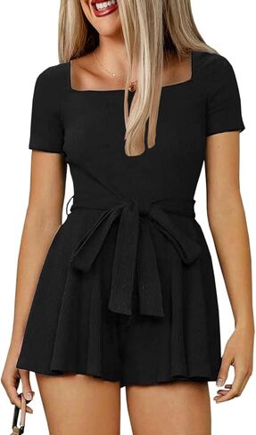 Happy Sailed Women Square Neck Ribbed Knit Wide Leg Rompers Summer Short Sleeve Belt One Piece Jumpsuit Short Romper in Saudi Arabia
