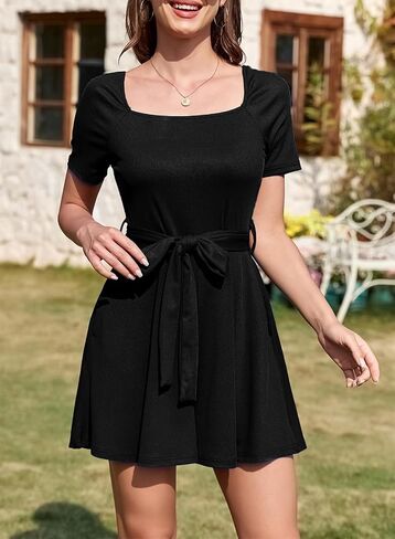 Happy Sailed Women Square Neck Ribbed Knit Wide Leg Rompers Summer Short Sleeve Belt One Piece Jumpsuit Short Romper in Saudi Arabia