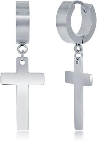Men’s and Unisex Polished Cross Huggie Hoop Earrings | Silver/Black Plated Stainless Steel Charm Earrings | Jewelry for Men and Women in Saudi Arabia