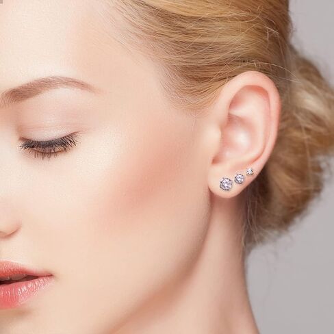 Stud Earrings Set, S925 Sterling Silver Post 14K Gold Plated Hypoallergenic Stud Earrings 5-10MM, Round Cubic Zirconia Stud Earrings for Women Men 3 Pairs Earrings Set in Saudi Arabia