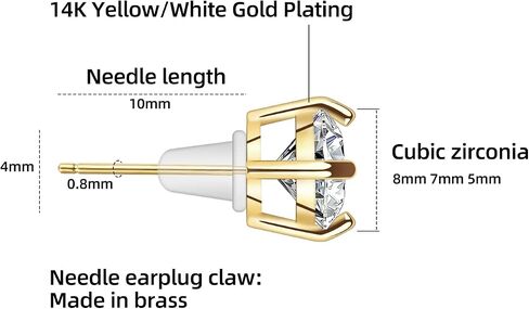Stud Earrings Set, S925 Sterling Silver Post 14K Gold Plated Hypoallergenic Stud Earrings 5-10MM, Round Cubic Zirconia Stud Earrings for Women Men 3 Pairs Earrings Set in Saudi Arabia