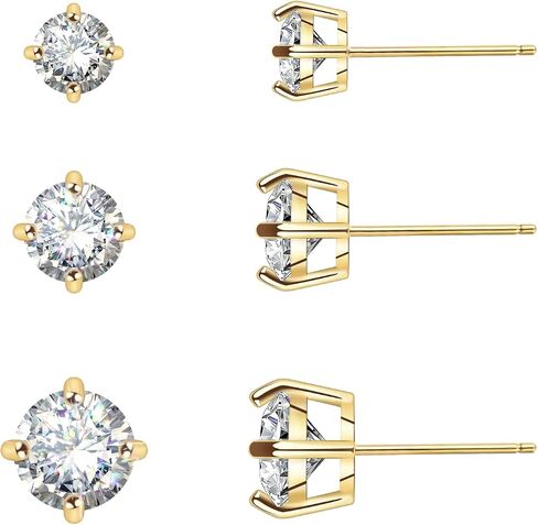 Stud Earrings Set, S925 Sterling Silver Post 14K Gold Plated Hypoallergenic Stud Earrings 5-10MM, Round Cubic Zirconia Stud Earrings for Women Men 3 Pairs Earrings Set in Saudi Arabia