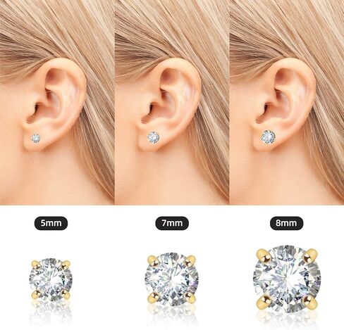 Stud Earrings Set, S925 Sterling Silver Post 14K Gold Plated Hypoallergenic Stud Earrings 5-10MM, Round Cubic Zirconia Stud Earrings for Women Men 3 Pairs Earrings Set in Saudi Arabia