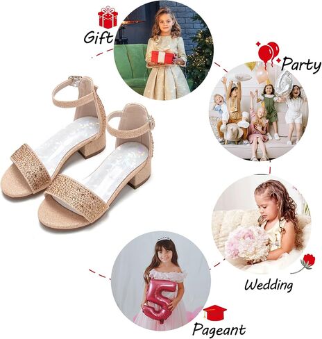 Girl Low Heels Sandals - Flower Girl Dress Shoes Open Toe Ankle Strap Wedding Party for Toddler Little Big Kids in Saudi Arabia