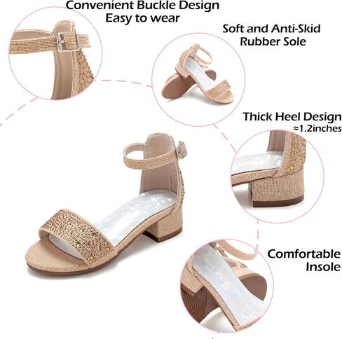 Girl Low Heels Sandals - Flower Girl Dress Shoes Open Toe Ankle Strap Wedding Party for Toddler Little Big Kids in Saudi Arabia