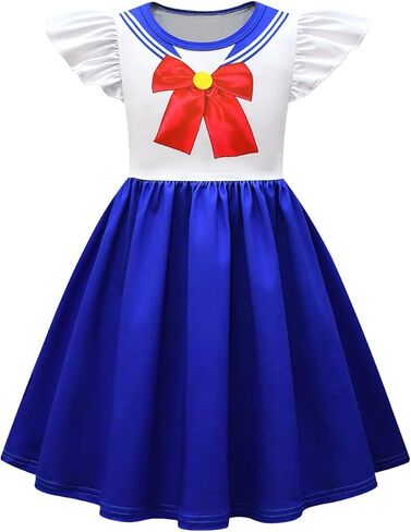 Ubeufun Saiilor Moonn Dress Graphic Print Flutter Sleeve School Uniform Navy Dress for Girls in Kuwait