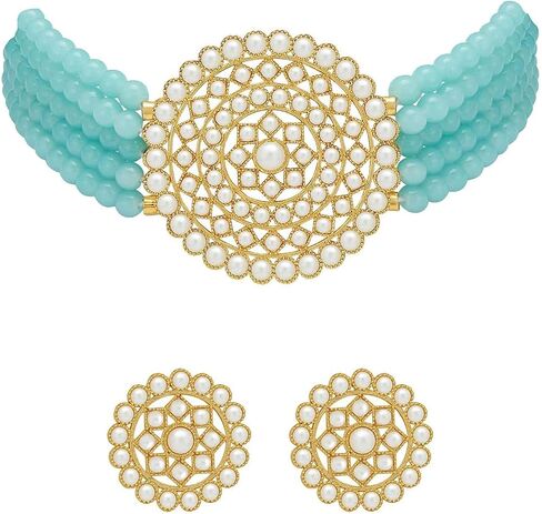 I Jewels 18K Gold Plated Indian Light Weight Beaded Choker Set Glided With Moti Work in Saudi Arabia