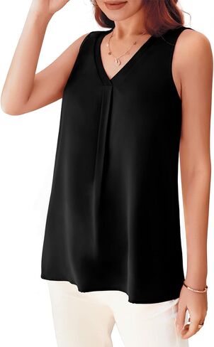 بلوزة بدون أكمام شيفون بدون أكمام للسيدات من AWULIFFAN برقبة على شكل حرف V ومطويات، بلوزة صيفية كاجوال بدون أكمام in Kuwait