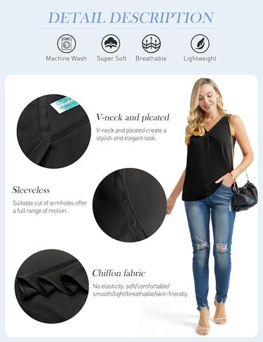 بلوزة بدون أكمام شيفون بدون أكمام للسيدات من AWULIFFAN برقبة على شكل حرف V ومطويات، بلوزة صيفية كاجوال بدون أكمام in Kuwait