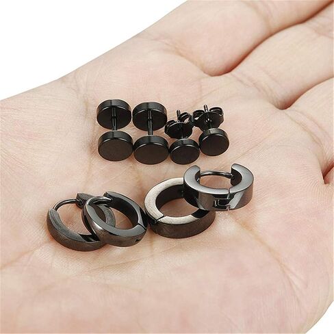 MYXP 4 Pairs Stainless Steel Stud Earrings for Women Mens Black Round Dumbbell Set Hoop Earrings in Saudi Arabia