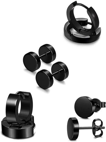MYXP 4 Pairs Stainless Steel Stud Earrings for Women Mens Black Round Dumbbell Set Hoop Earrings in Saudi Arabia
