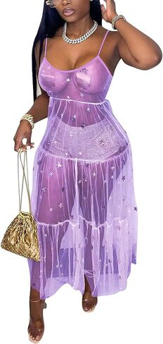 فستان نسائي طويل مثير بحزام سباغيتي من qfmqkpi مزود بالترتر على شكل نجمة فستان طويل شفاف شفاف يغطي الشمس in Kuwait