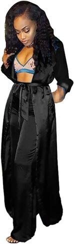 ECHOINE ملابس نسائية مكونة من قطعتين من الحرير الساتان مفتوحة من الأمام سترة كيمونو مع مجموعة سراويل طويلة واسعة الساق in Kuwait